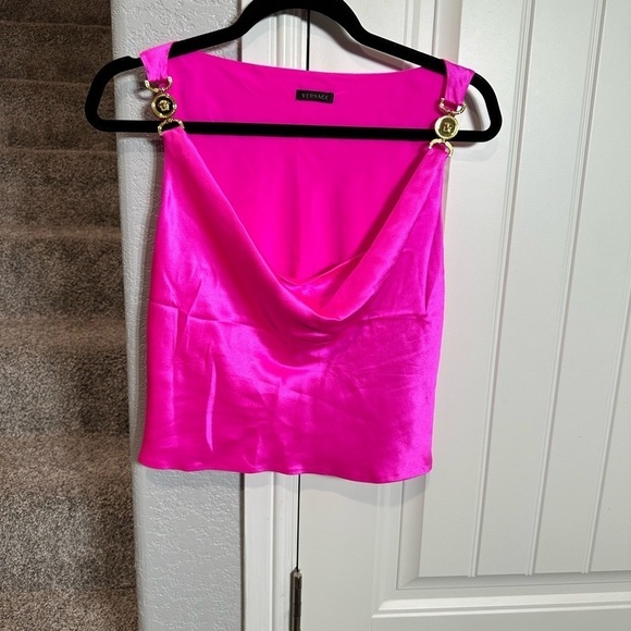 Versace Medusa cowl neck pink silk top with gold hardware - Picture 12 of 15